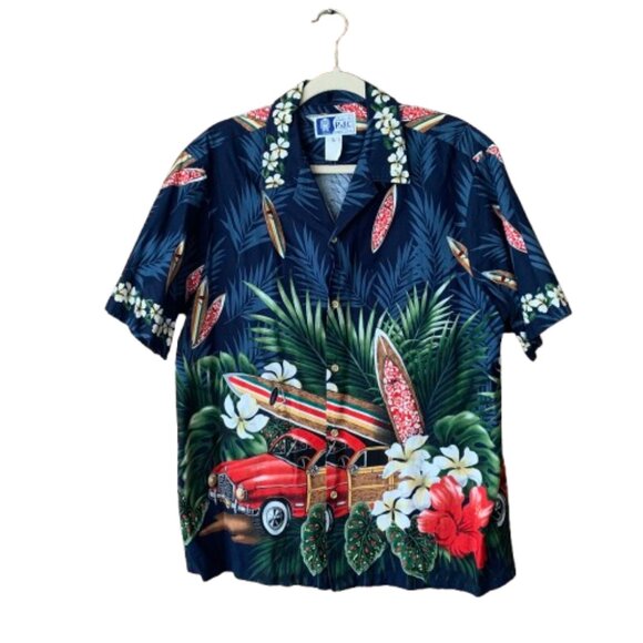 RJC Hawaiian Men's Vintage USA Woody Wagon Surf Boards Large Button Down Shirt - Picture 1 of 14